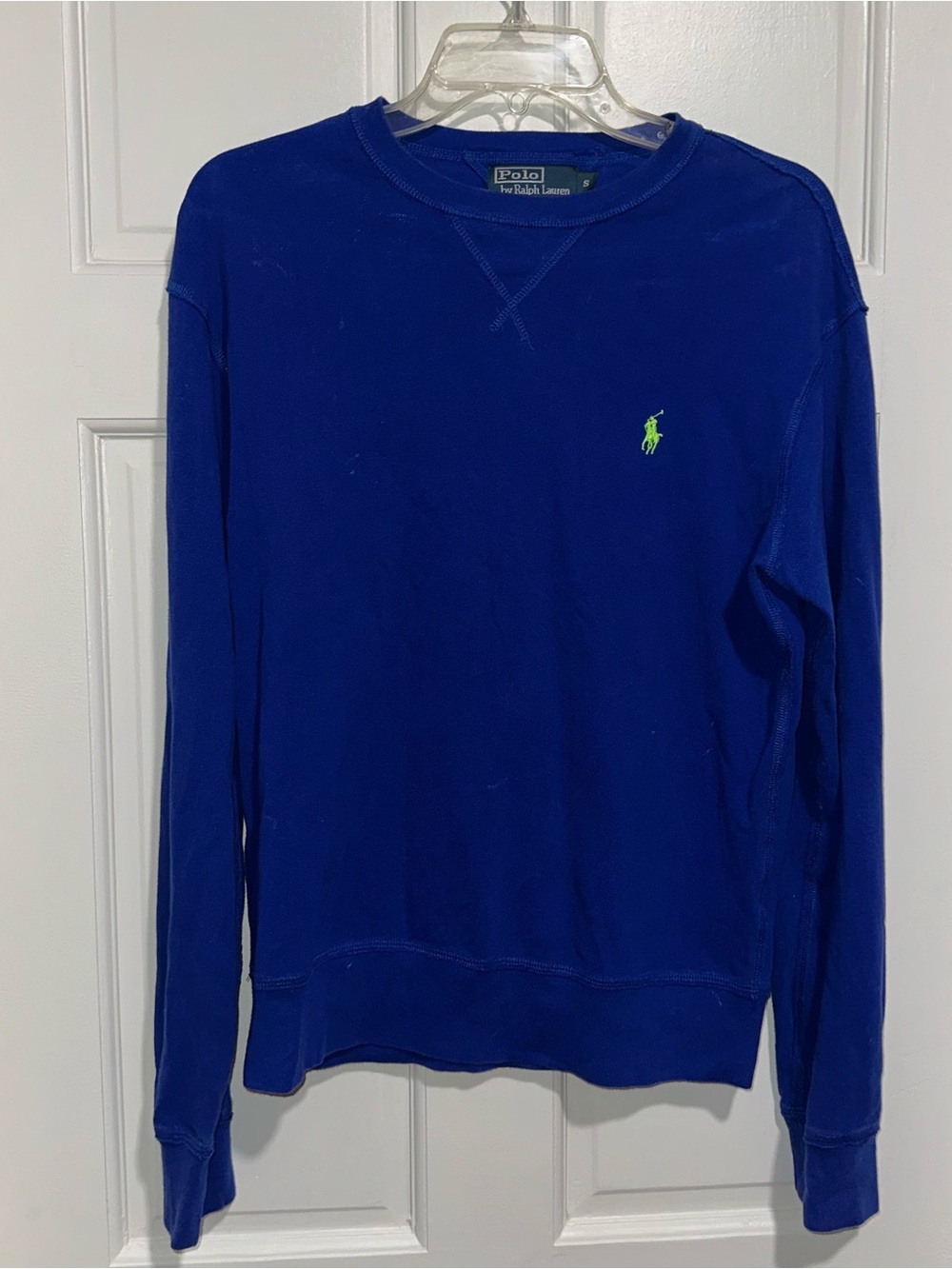 Ralph Lauren Men's Cobalt Blue Crewneck Sweatshirt with Lime Polo Pony